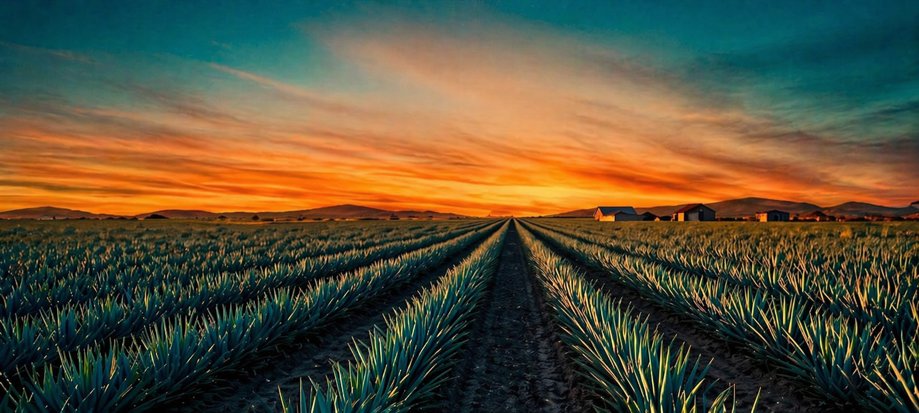 Agave field at sunset with rolling hills